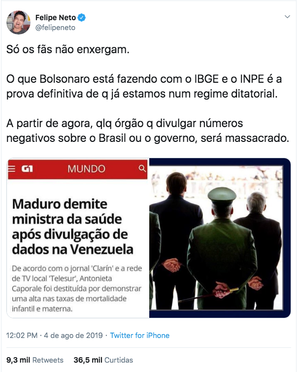 Felipe Neto chama de ditatorial governo de Bolsonaro: 'Só os fãs não enxergam'