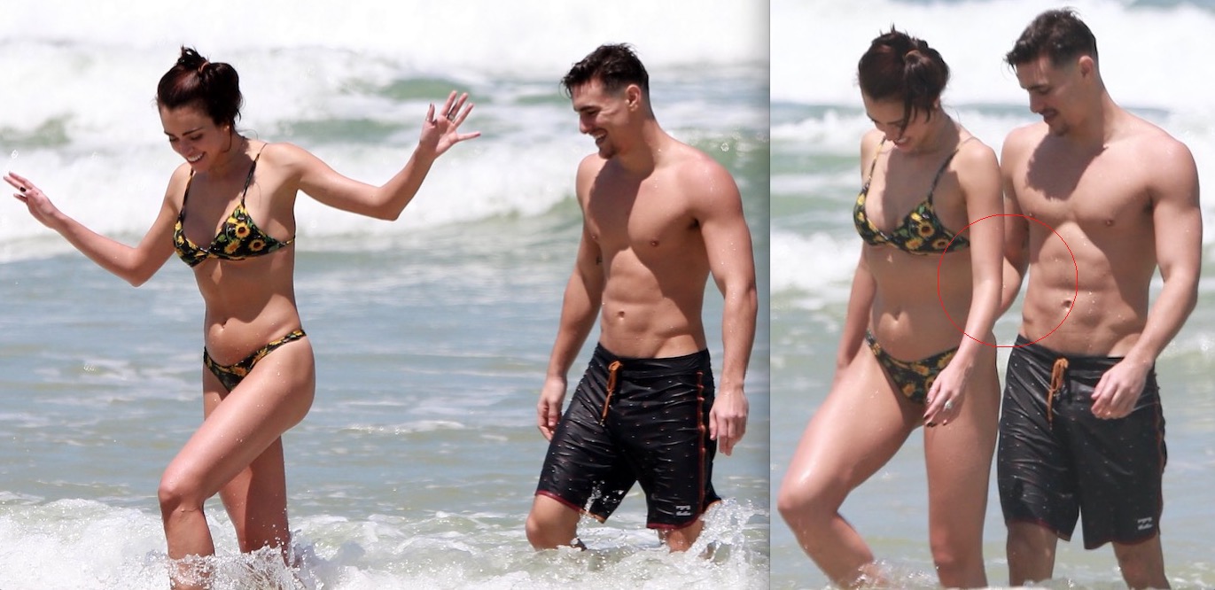 Com mão boba, Bruno Montaleone vai à praia acompanhado de par de 'Dança dos Famosos'