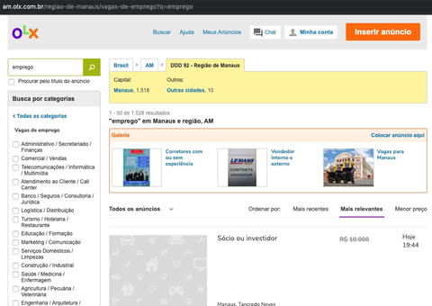 Com desemprego em alta, OLX tem mais de 1.500 anúncios em Manaus