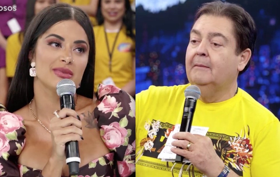 Faustão pergunta de Aline Riscado ao vivo: ‘Tá namorando o Gabigol’