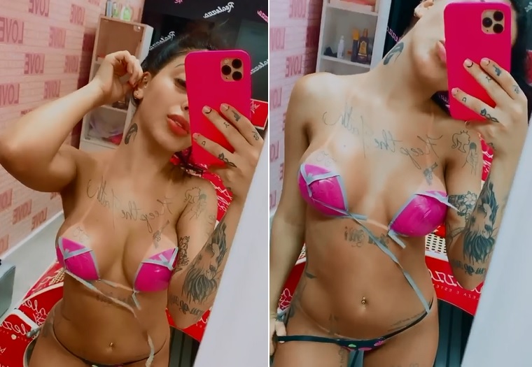 MC Mirella arranca biquíni de fita para mostrar bronze em seios e virilha