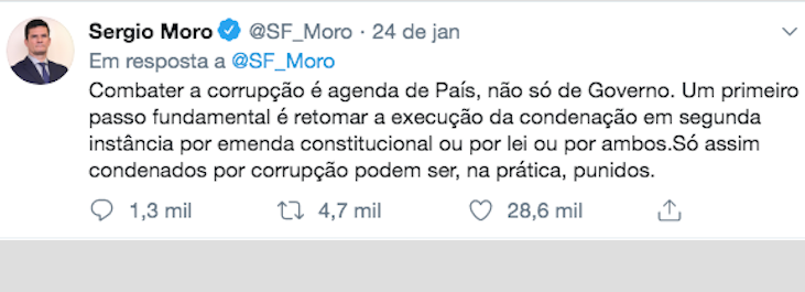 Ministro Sérgio Moro defende retorno da prisão em 2ª instância