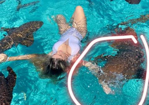 Blogueira é mordida por tubarão ao fazer foto no meio dos animais nas Bahamas
