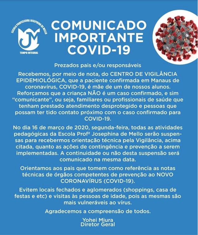 Em Manaus, escola onde filho de mulher com coronavírus estuda tem aulas suspensas