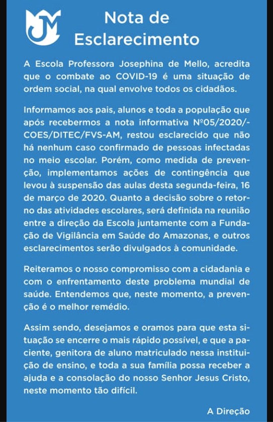Escola do filho de 1ª infectada por coronavírus em Manaus não tem previsão para retornar atividades 