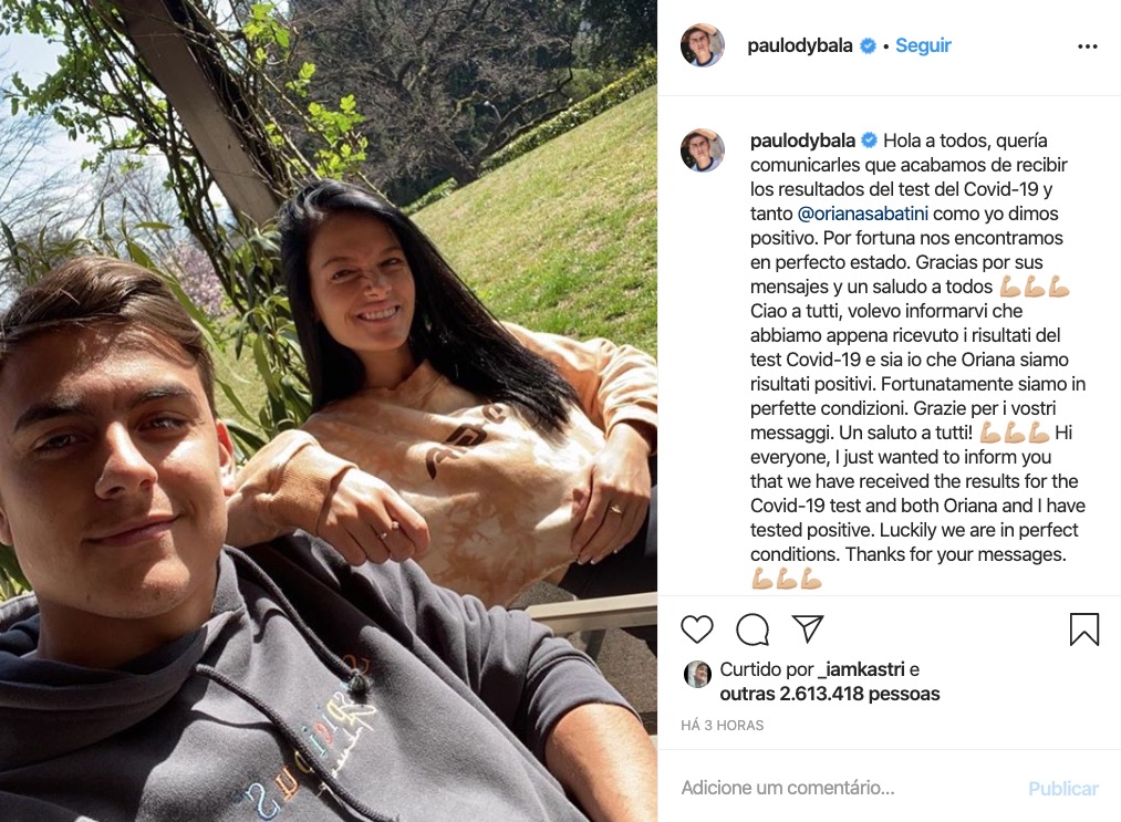 Jogador Paulo Dybala e esposa testam positivo para o novo coronavírus