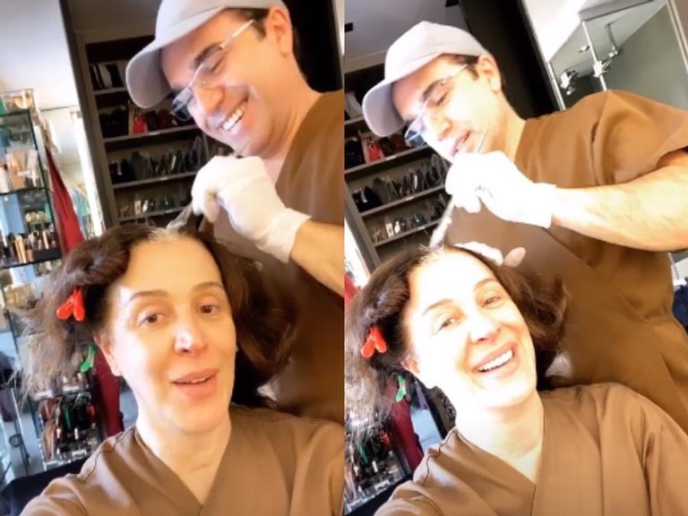 Claudia Raia mostra marido pintando os cabelos brancos dela durante quarentena 