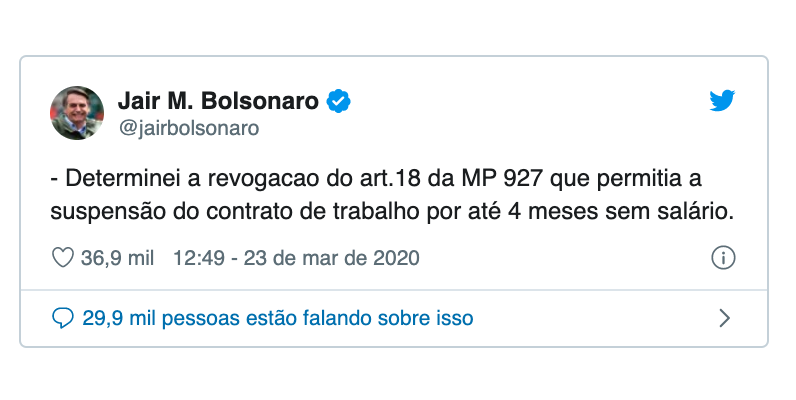 Bolsonaro afirma que revogou suspensão de contrato de trabalho por 4 meses