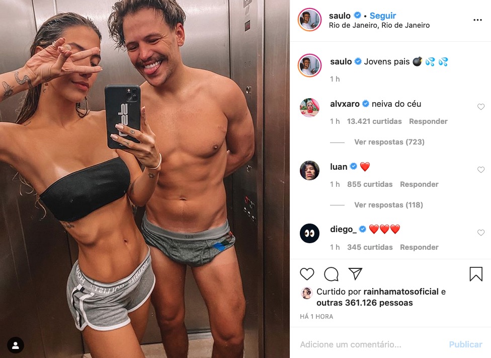 Com pouca roupa, Gabi Brandt e Saulo postam foto juntos: 'eu amo ela e ela me ama'