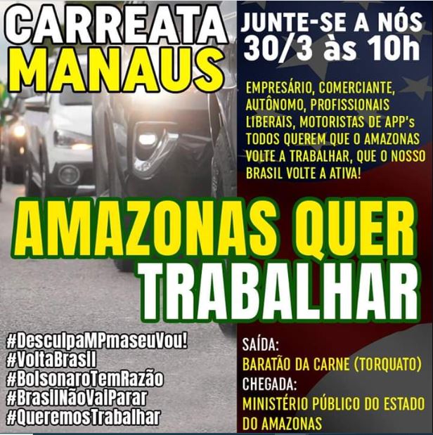 Lideranças recuam de carreatas após veto da justiça, mas cartazes de convocação continuam a circular em Manaus