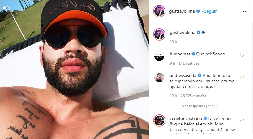 Gusttavo Lima posa aproveitando feriado e leva bronca de Andressa Suita na web: 'Amado?'