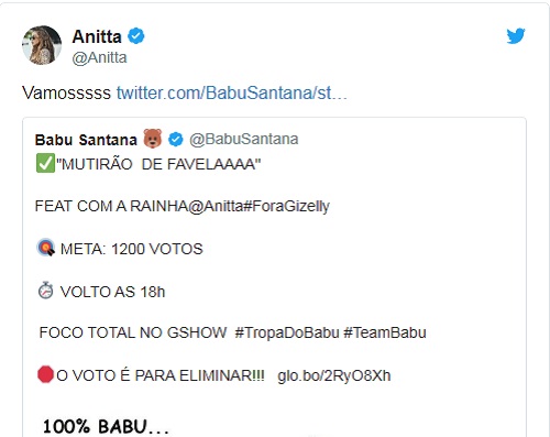 Anitta anuncia mutirão de votação em apoio a participante do BBB20