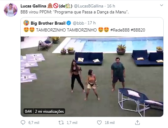 Ex-BBB Lucas Gallina ironiza reality: 'Virou PPDM, programa que passa dança da Manu'