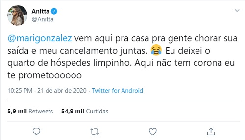 Sem eliminação de Manu, Anitta manda recado para Mari Gonzalez na web