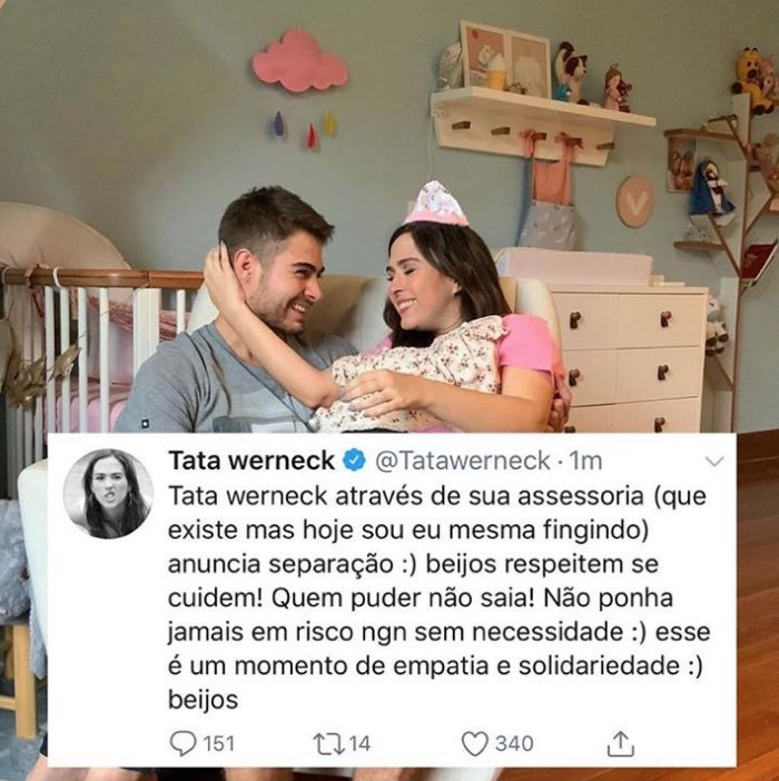 Tatá Werneck anuncia separação de Rafa Vitti nas redes sociais e fãs piram