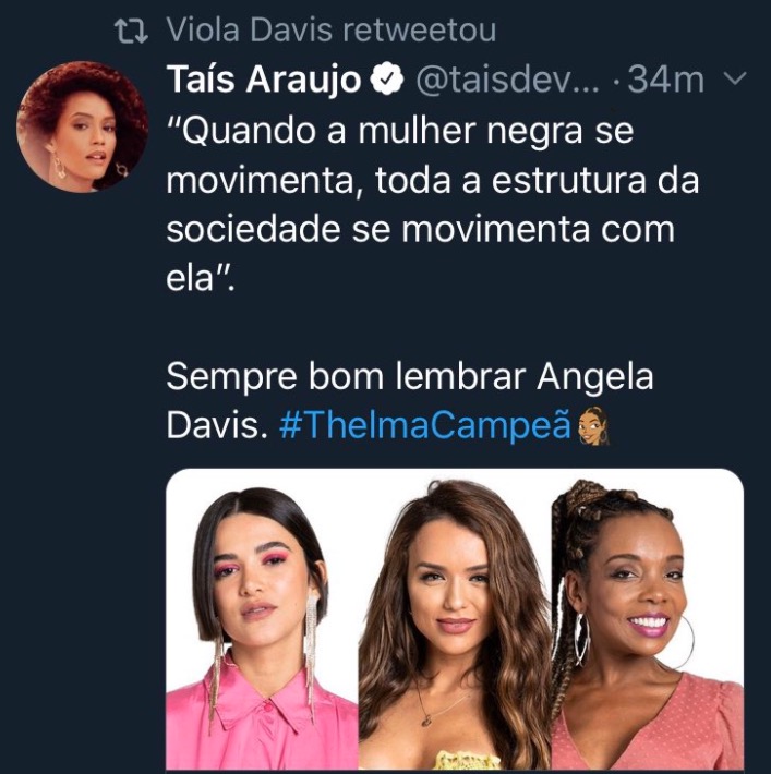 BBB20: Viola Davis declara torcida para Thelma 