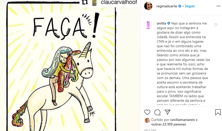 Após polêmica na CNN, Regina Duarte recebe 'textão' de Anitta: 'Grosseira'