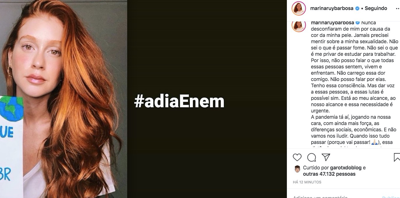 Marina Ruy Barbosa se manifesta sobre Enem após receber unfollow de Felipe Neto