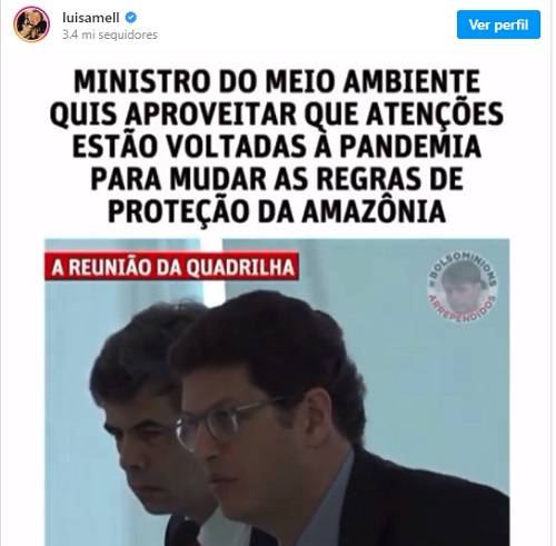 Luísa Mell pede saída de ministro Ricardo Salles após vídeo da reunião ministerial