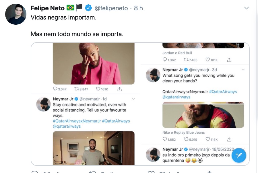 Felipe Neto critica Neymar e diz que jogador não se importa com vidas negras