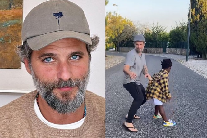 Bruno Gagliasso dança com o filho ao chegar em Portugal para o Dia dos Pais