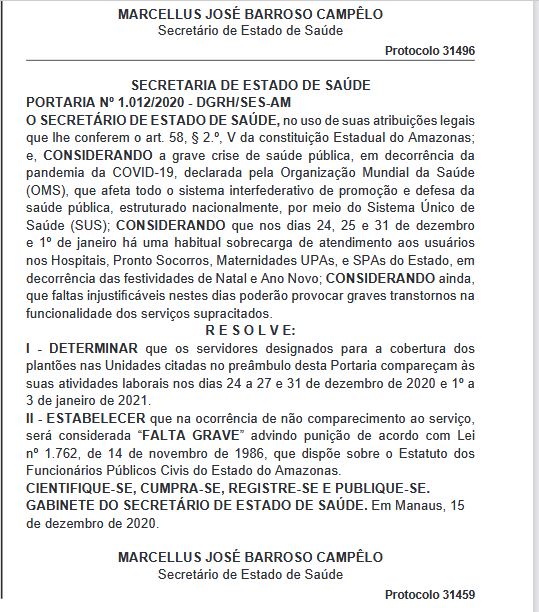 Susam vai punir plantonista que faltar ao trabalho no Amazonas