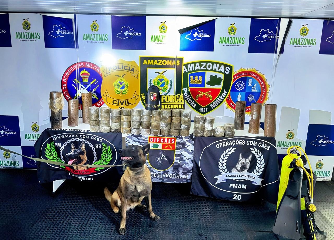Cadela policial encontra drogas escondidas em cilindros de aço no Amazonas