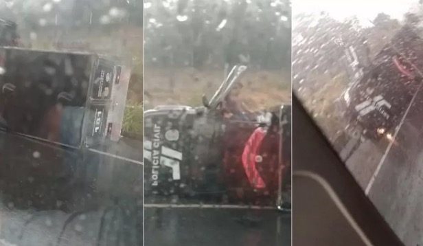 Pista molhada faz carro do Instituto Médico Legal tombar com mortos dentro