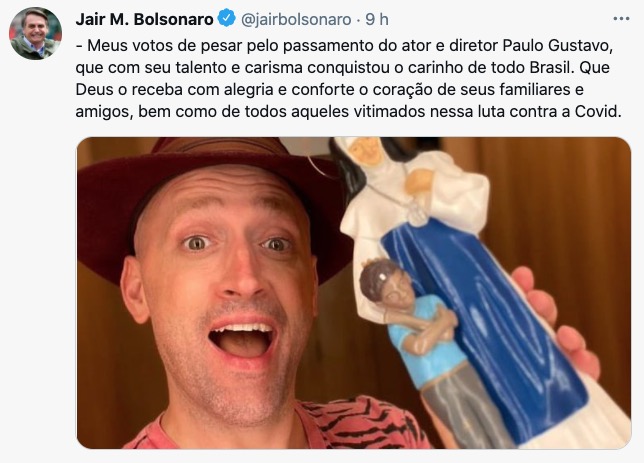 Bolsonaro lamenta morte de Paulo Gustavo: 'conquistou todo o Brasil'