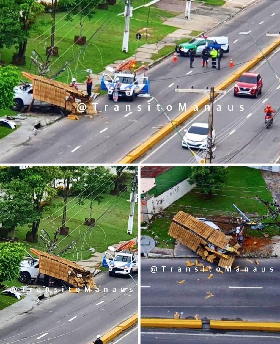Carro arranca poste e destrói parada de ônibus em Manaus 