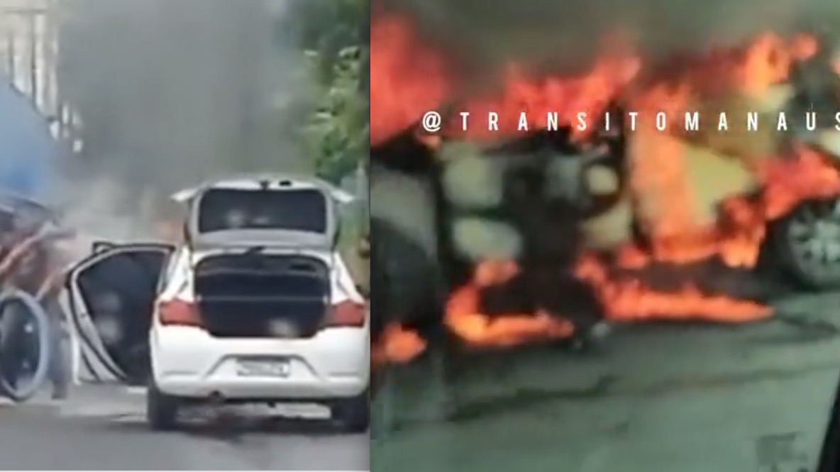 Carro pega fogo e fica destruído na avenida Torquato Tapajós; vídeo