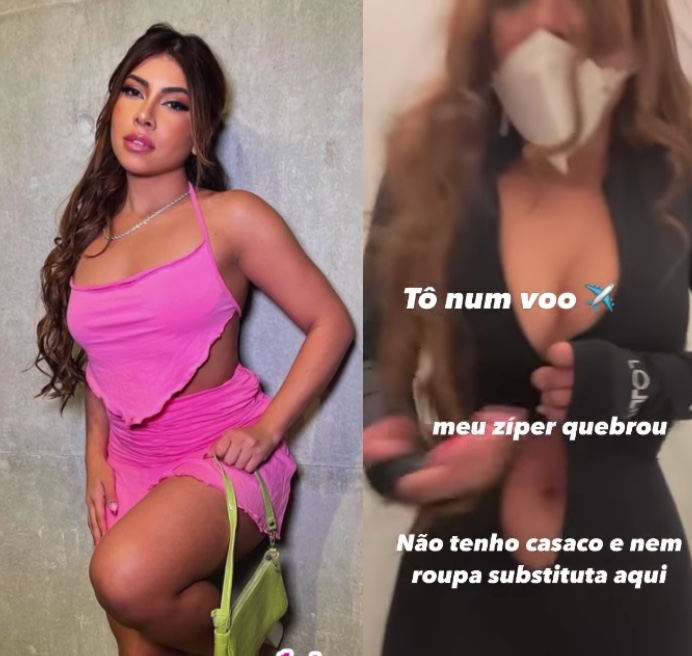 Zíper de influencer arrebenta e jovem fica com seios expostos em meio a voo