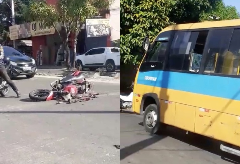 Acidente entre 'Amarelinho' e motocicleta deixa um ferido em avenida de Manaus