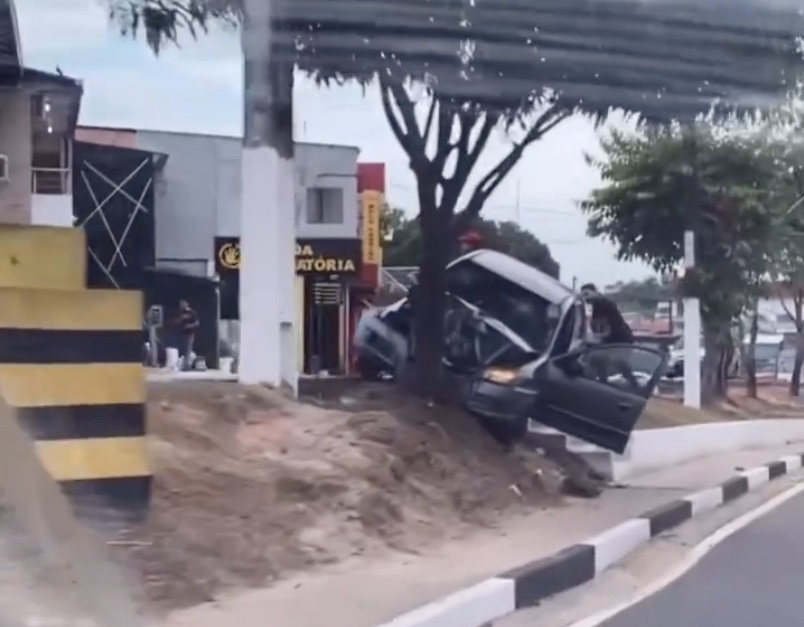 Vídeo: Carro bate contra árvore e fica destruído em avenida de Manaus