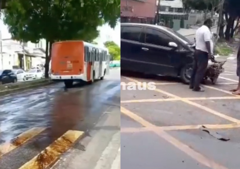 Acidente entre ônibus e carro tem vazamento de óleo na pista e risco para motociclistas em Manaus