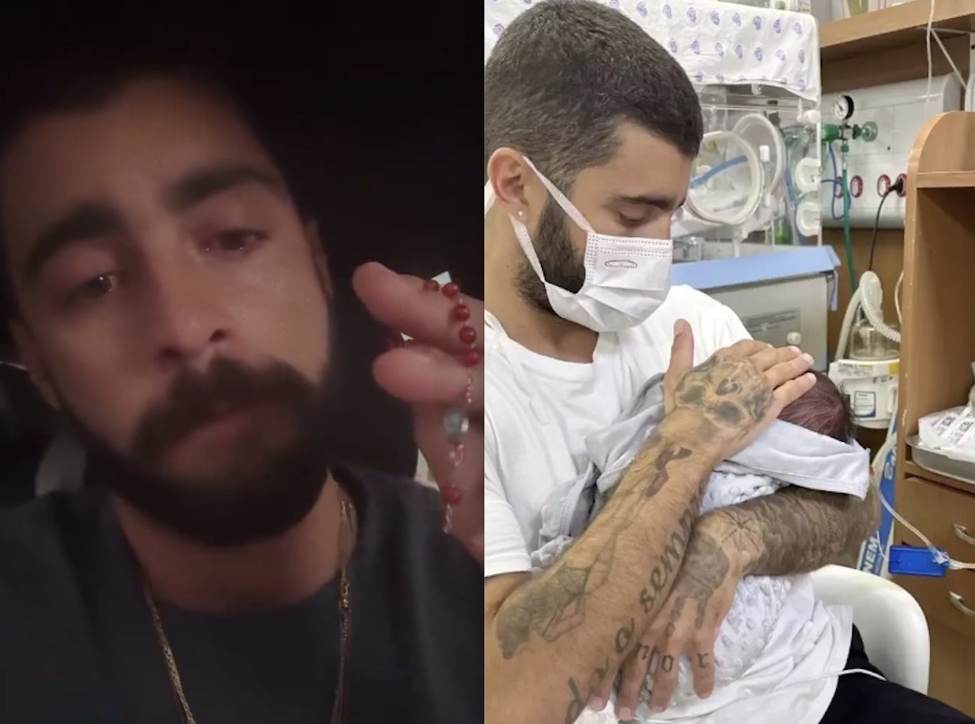 Pedro Scooby chora agarrado ao terço ao  visitar a filha na UTI