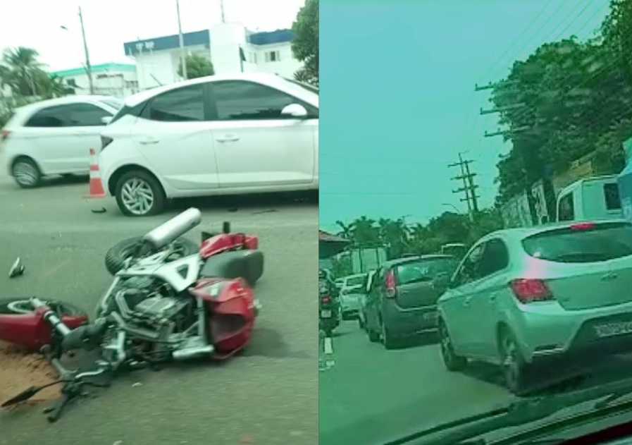 Moto fica jogada em pista em acidente e deixa trânsito caótico em avenida de Manaus
