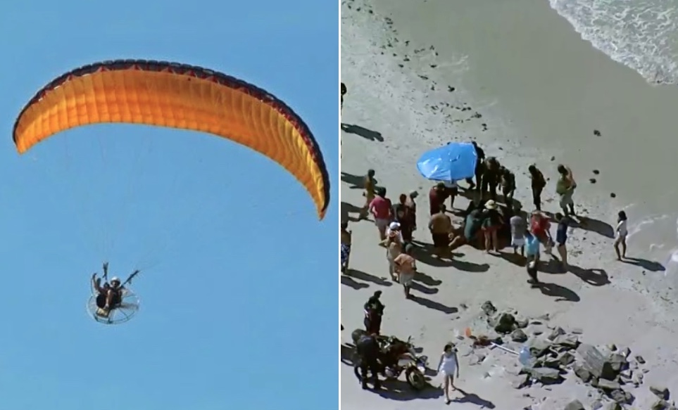 Filho morre e pai fica ferido após queda de paramotor no mar 