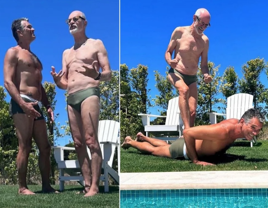 De sunga, Marcos Caruso se diverte com marido em verão português 