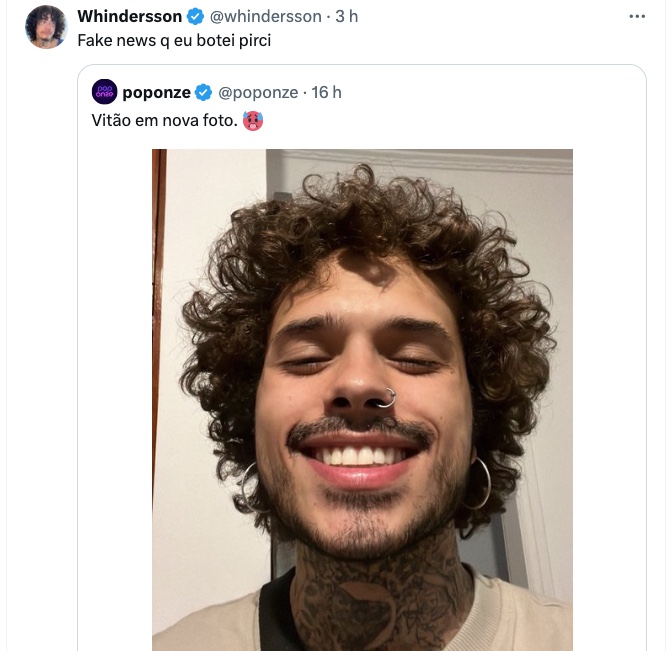 Whindersson comenta semelhança com Vitão em nova foto do cantor