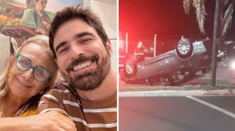 Mãe de Reynaldo Gianecchini capota carro após batida; motorista fugiu