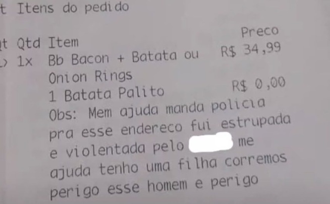 Mulher vítima de estupro pede socorro em app de entrega de comida