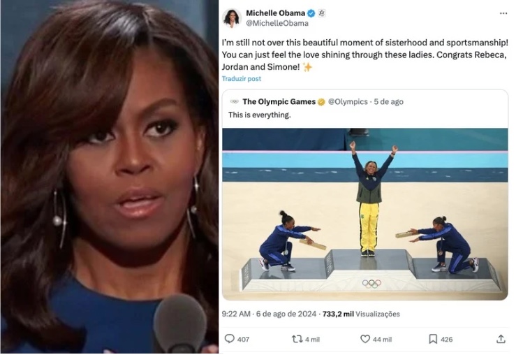 Michelle Obama elogia reverência de Biles a Rebeca Andrade no pódio