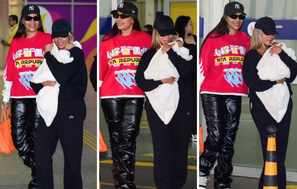 Brunna Gonçalves e Ludmilla chegam ao Brasil com a filha Zuri