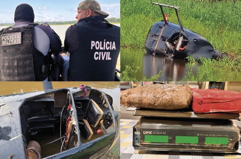 Polícia encontra helicóptero com drogas submerso em lago no Amazonas