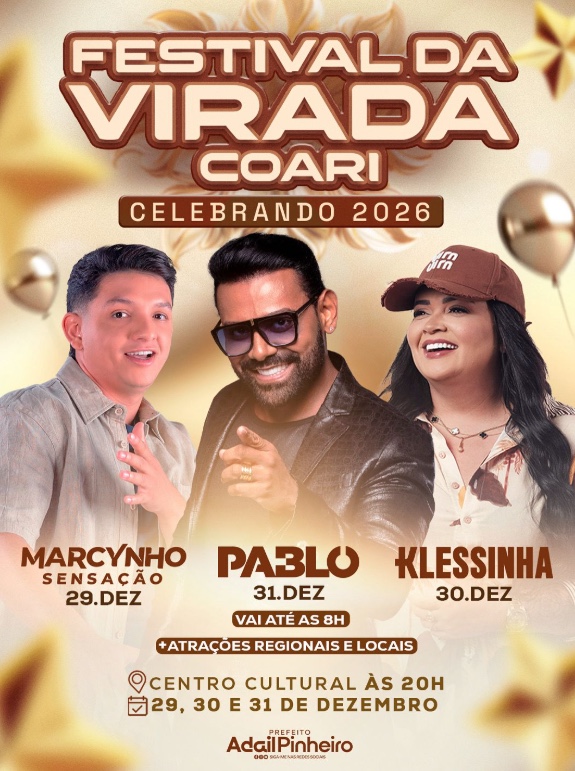 Marcynho Sensação, Klessinha e Pablo lideram shows da Virada 2026 em Coari