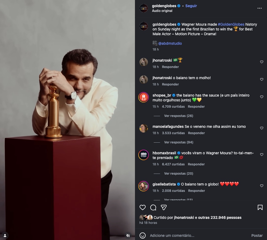 Wagner Moura faz história e é exaltado pelo Globo de Ouro: "Fez história"