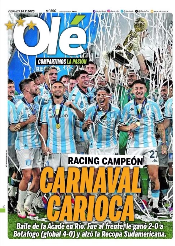 Jornal argentino provoca após título do Racing na Recopa; veja capa