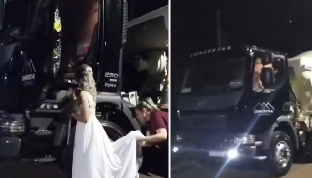 Noiva vai ao casamento dirigindo caminhão de concreto