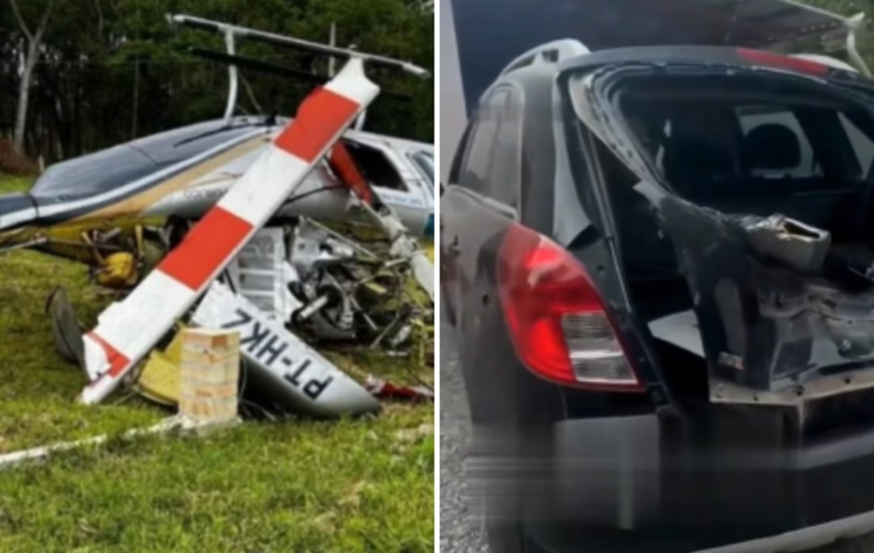 Helicóptero cai com 5 pessoas e hélice atinge carro